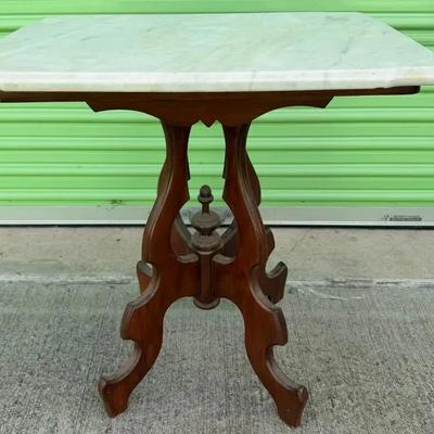 Antique Marble-Top Side Table – Victorian Style Wood Base with White Marble Top