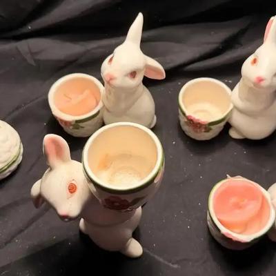 Vintage Bunny Rabbit Ceramic Candle Holders – “Sunny Bright” Spiced Apple w/ Boxes (Set of 2)