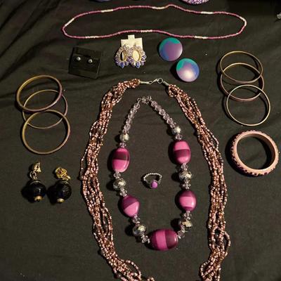Purple & Pink Costume Jewelry Lot – Statement Necklaces, Bangles, Earrings & Ring (Multi-Piece Set)