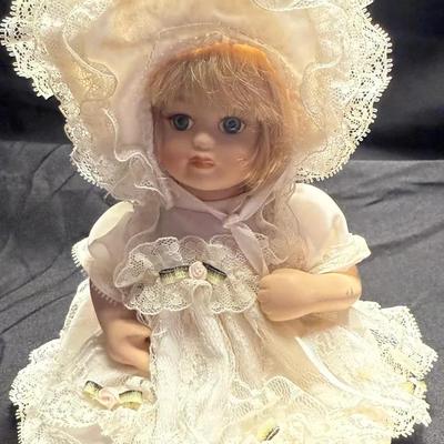 Vintage Porcelain Baby Doll in Lace Bonnet and Dress