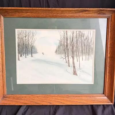 Winter Landscape Watercolor – Signed Ruth Miller – Snowy Forest Scene, Framed