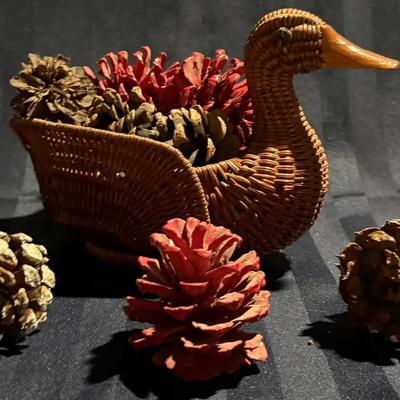 Rustic Woven Goose Basket with Pinecones – Fall / Harvest Tabletop Décor