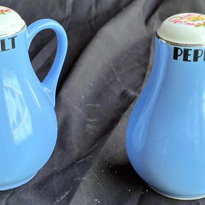 Vintage Blue Ceramic Salt & Pepper Shaker Set – Jug Style with Floral Lids
