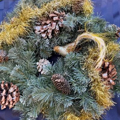 Decorative Christmas Wreath w/ Pinecones & Gold Tinsel – Bird Accent – Approx. 18”