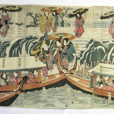 Sale Photo Thumbnail #14: Utagawa Toyokuni "A Theatrical Scene" Woodblock Print Triptych