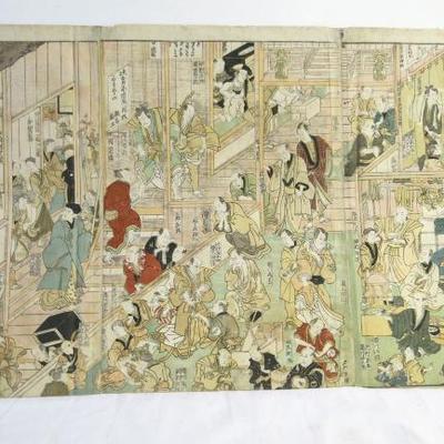 Sale Photo Thumbnail #15: Utagawa Toyokuni "The Theatre" Woodblock Print Triptych