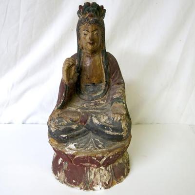 Sale Photo Thumbnail #7: 16th-17th C. Ming Dynasty Carved Wood Polychrome Seated Guanyin Statue