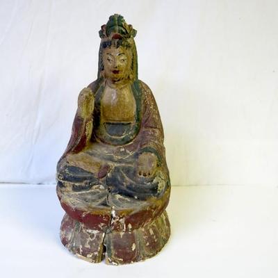 Sale Photo Thumbnail #8: 16th-17th C. Ming Dynasty Carved Wood Polychrome Seated Guanyin Statue