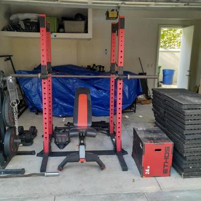 Sale Photo Thumbnail #19: Ethos Apex Power Rack, weights, bench, adjustable dumbbells, professional rubber gym flooring