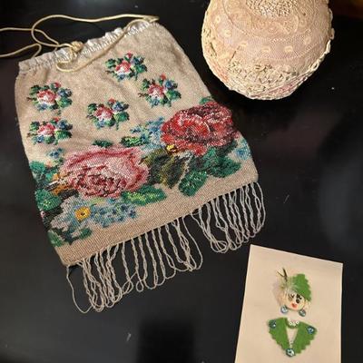 Antique beaded purse, pin cushion, note card