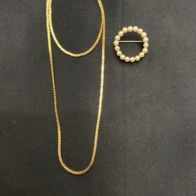 Krementz Gold Overlay Set - Classic Rope Chain Necklace & Pearl Circle Brooch - Vintage