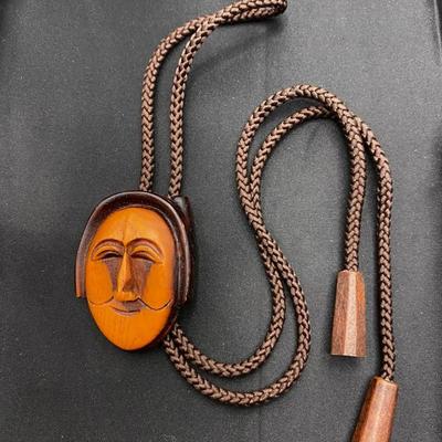 Vintage Korean Wood Hahoe Yangban Mask Bolo Tie - Hand-Carved Aristocrat Talchum