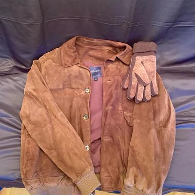 Brooks Brothers Men's Brown Suede Leather Bomber Jacket Size M & Matching Gloves