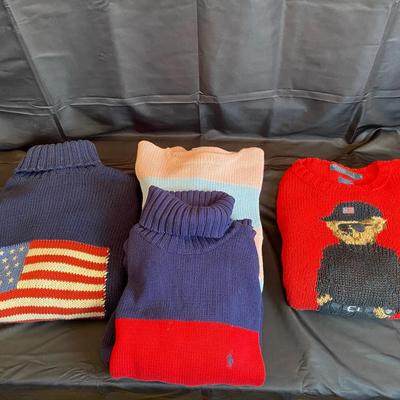 Lot of 4 Ralph Lauren Polo Sweaters: Polo Bear, Flag, & Turtlenecks - 100% Cotton Sizes S/M