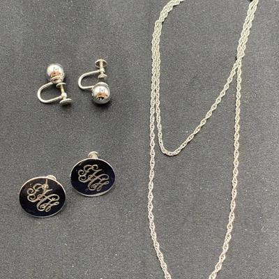 Sterling Silver Jewelry Lot: Italian Rope Chain & Vintage Screw-Back Earrings (3 Pieces)