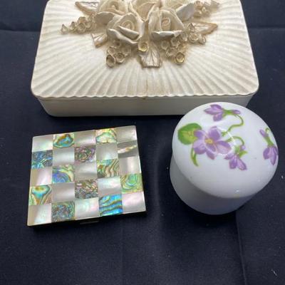Vintage Trinket Box Lot: Abalone Shell Compact, Floral Porcelain Pot, & Art Deco Style Rose Box