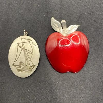 Vintage Pewter Pendants: Newport Sailboat & Red Enamel Apple