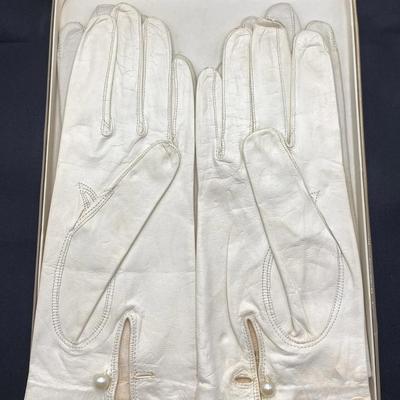 White Kid Leather Formal Gloves | Silk Lined | Pearl Button Detail | Mid-Century | Vintage Lot of 2 