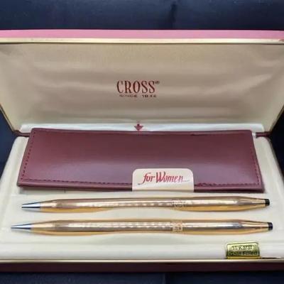 14K Gold Filled Vintage Cross Pen & Pencil Set - "For Women" w/ Leather Pouch & Box