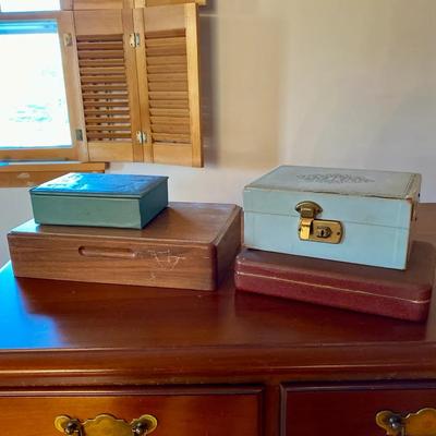 Vintage Jewelry Boxes – Mid-Century Wood, Ornate Blue/Gold Case & Travel Valets