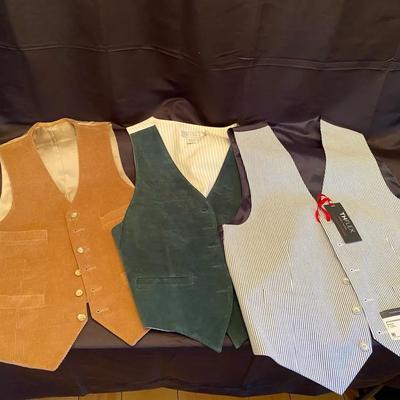 Lot of 3 Men’s Vests Size Medium - Vintage Tan Corduroy, Green, & NWT Pinstripe