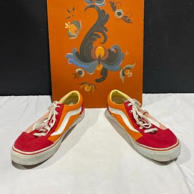 Signed Artwork By Eleanor Dammen From 1970 & Size W9.5 Orange Vans
