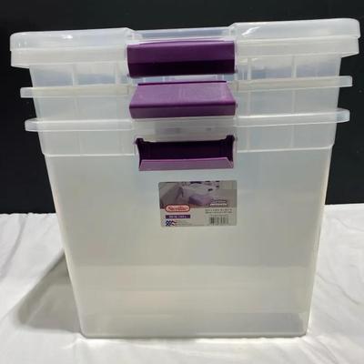 Three 66 Qt. Sterilite Bins With Two Matching Lids 