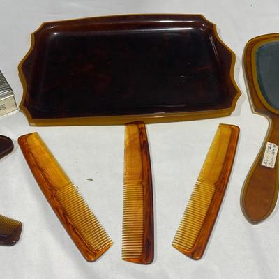 Small Vanity Set With 3 Stanley Combs, A Pocket Comb, Hand Mirror, Tray, & Small Jewelry Box