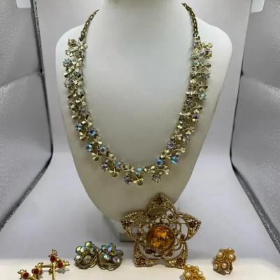 Vintage Signed Coro AB Aurora Borealis Rhinestone Choker Necklace & Earings 