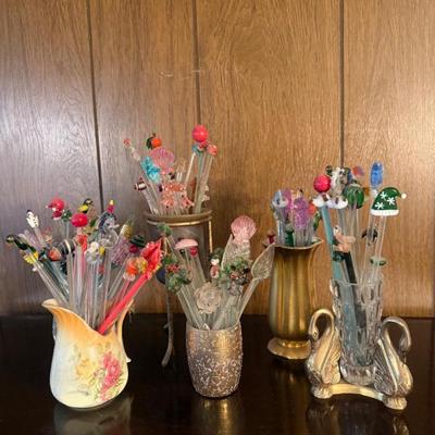 Collection of Vintage Glass Swizzle Sticks — 5 Jars Full