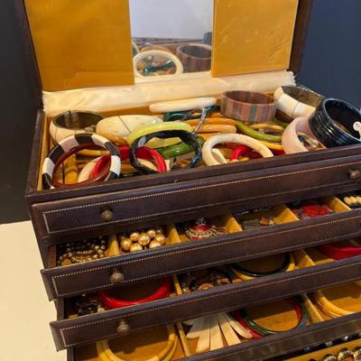 Multi‑Drawer Jewelry Box Filled with Bakelite Bangles & More