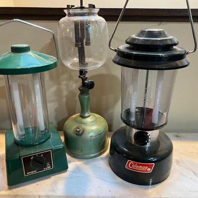 Mixed Lantern Trio — Gas & Two Electric Vintage Camping Lanterns
