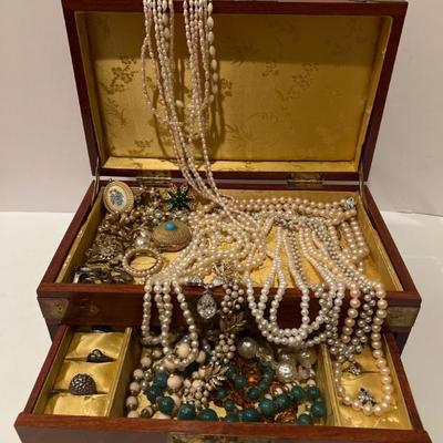 Chinese Rosewood Longevity Jewelry Box with Assorted Jewelry