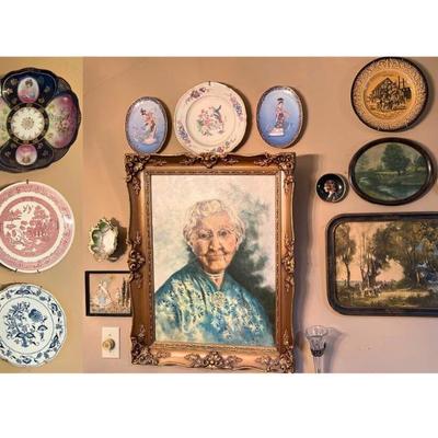 Wall of Framed Art and Decorative Plates - Woman Painting by Hillstrom