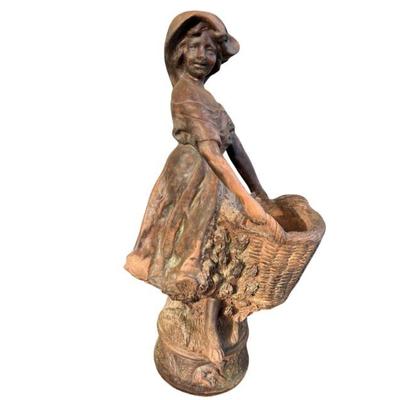 Garden Statue of Girl with Basket Planter — Clay or Pottery