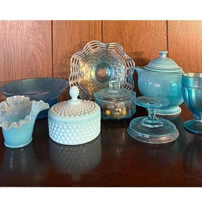 Vintage Blue Glass & Pottery Tableware Collection