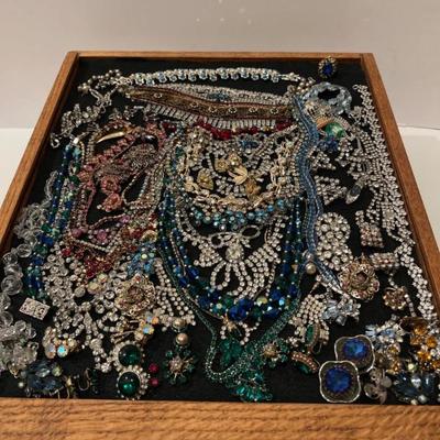 Vintage Rhinestone Jewelry Collection in Display Case