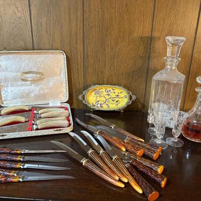 Bakelite-Handled Cutlery & Cut Crystal Carafes