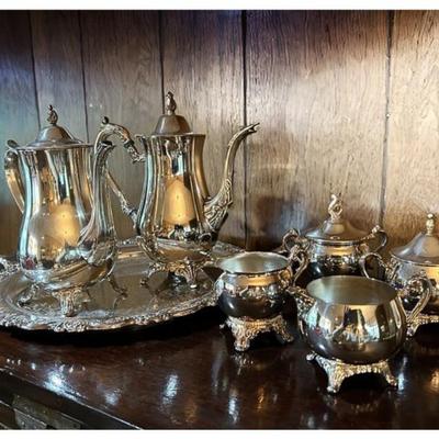 Silver Toned Tea Set with Tray, Coffee Pots, and Cream & Sugar Sets