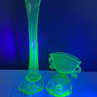 Glowing Green Swung Vase, Candlestick Holders & Serpent Vase