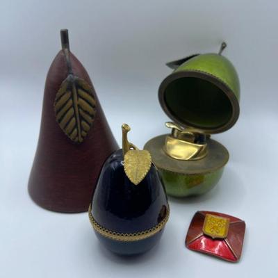 1960s Evans Enamel Pear Lighters, Rosewood Pear & Enamel Brooch