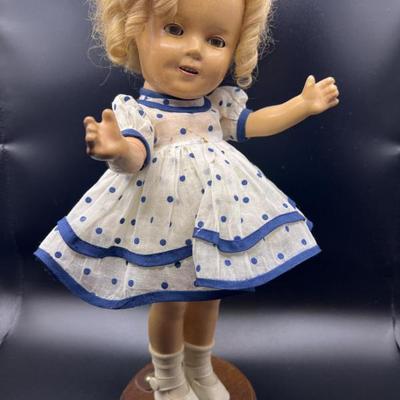 1930’s Vintage Composition Shirley Temple Doll - Blue Polka Dot Dress