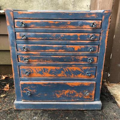 Distressed Blue & Orange Painted Cabinet with Floral Metal Knobs