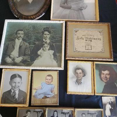 8 Vintage Frames & Family Era Photos - Domed Glass, Folding Brass, Marriage Certificate 