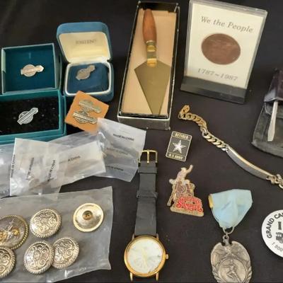 Mystery Pin Lot - Malta Lodge Trowel, '87 Constitution Commemorative Coin, Screw back Buttons & More