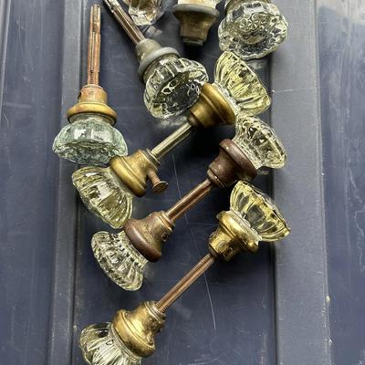 8 Vintage Fluted / Faceted Glass Door Handles - Brass Metal Hardware Collectibles