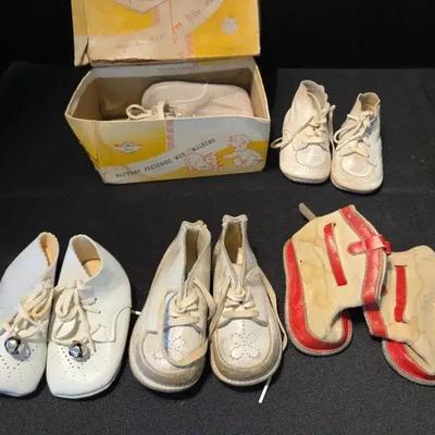 5 Pairs - Vintage White Leather Infant Shoes & Baby Cowboy Boots
