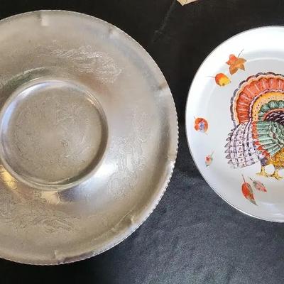 2 Large Entertaining Platters - Hallmark Turkey White Metal, Hand Wrought Aluminum Flower Metal