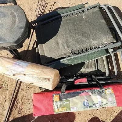 Camping Supplies - 2 Folding Loungers, Reliance Potty, 6' Personal Canopy, Torch Holder & More