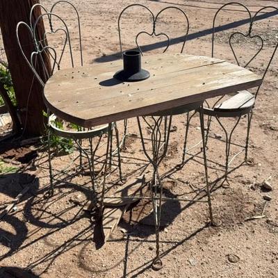 Cute Vintage Bistro Table & Chairs - Project Piece - Metal Patio & 4 Chairs Set with Heart Backs